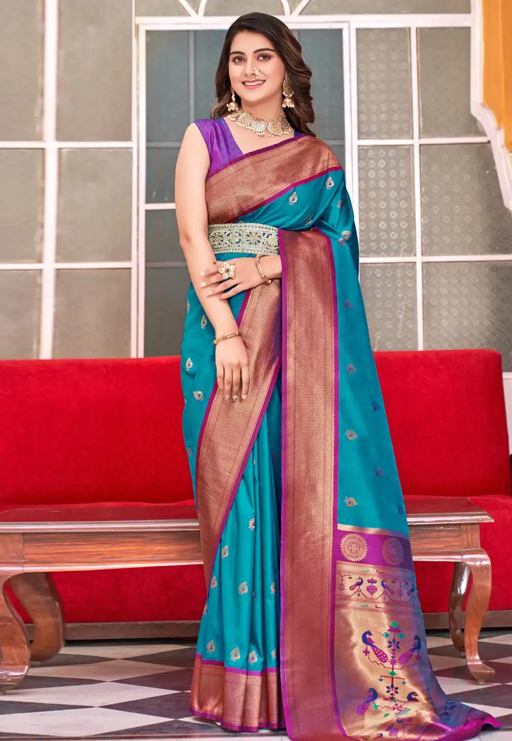 Teal Silk Saree With Blouse 293859