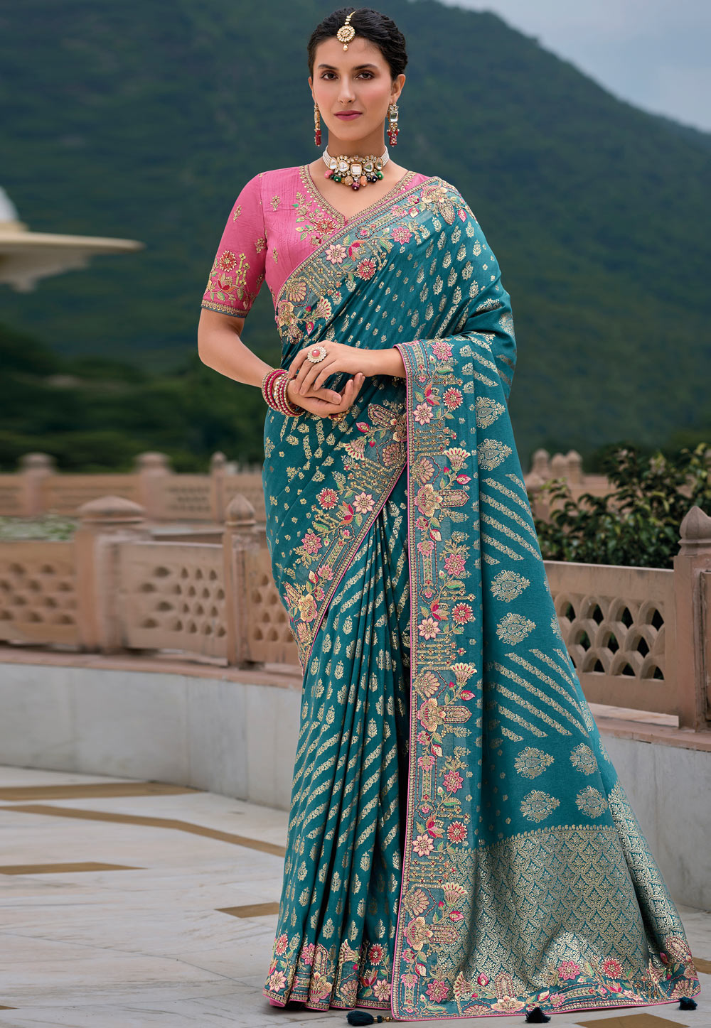 Teal Silk Saree With Blouse 305011