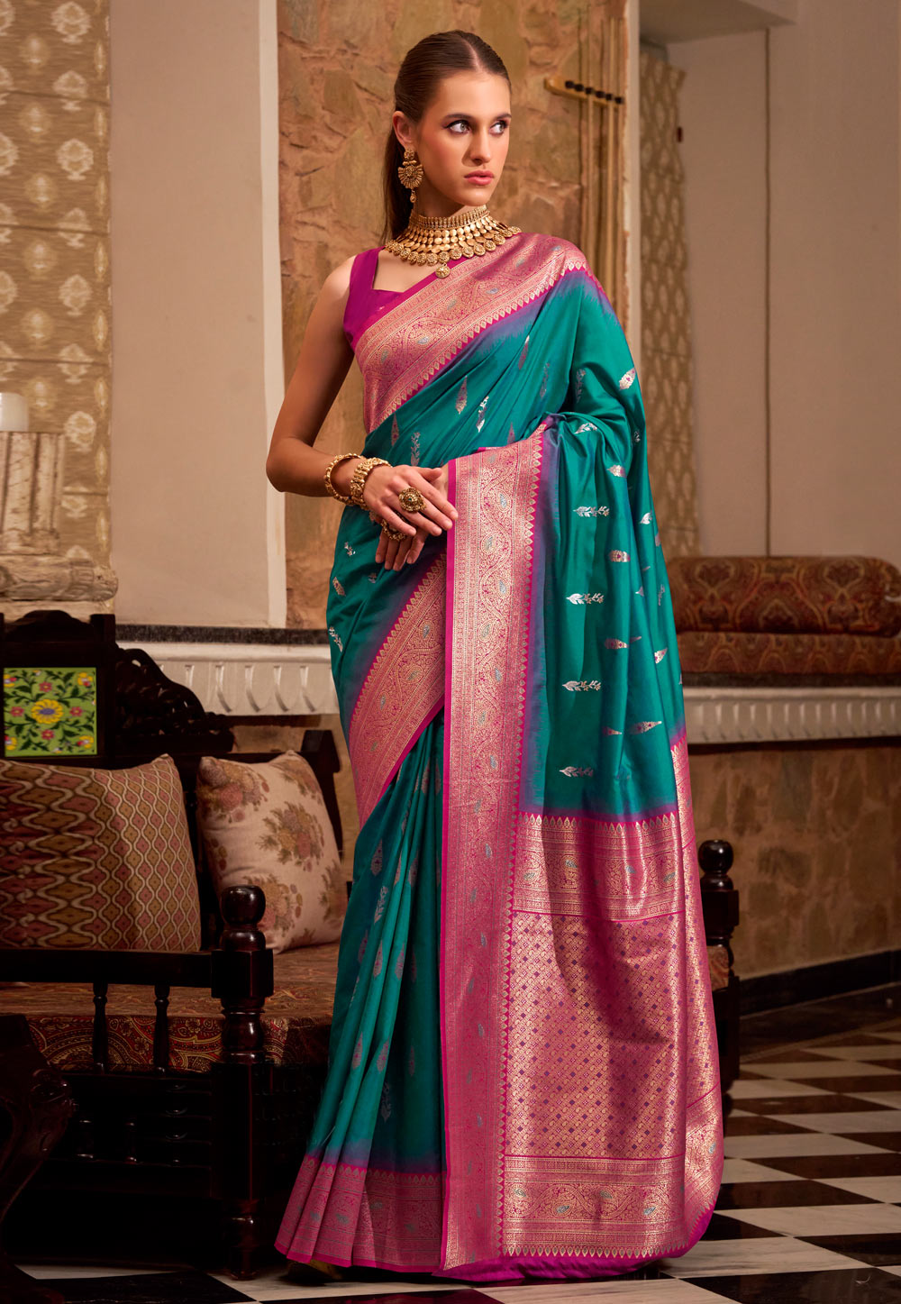 Teal Silk Saree With Blouse 310002