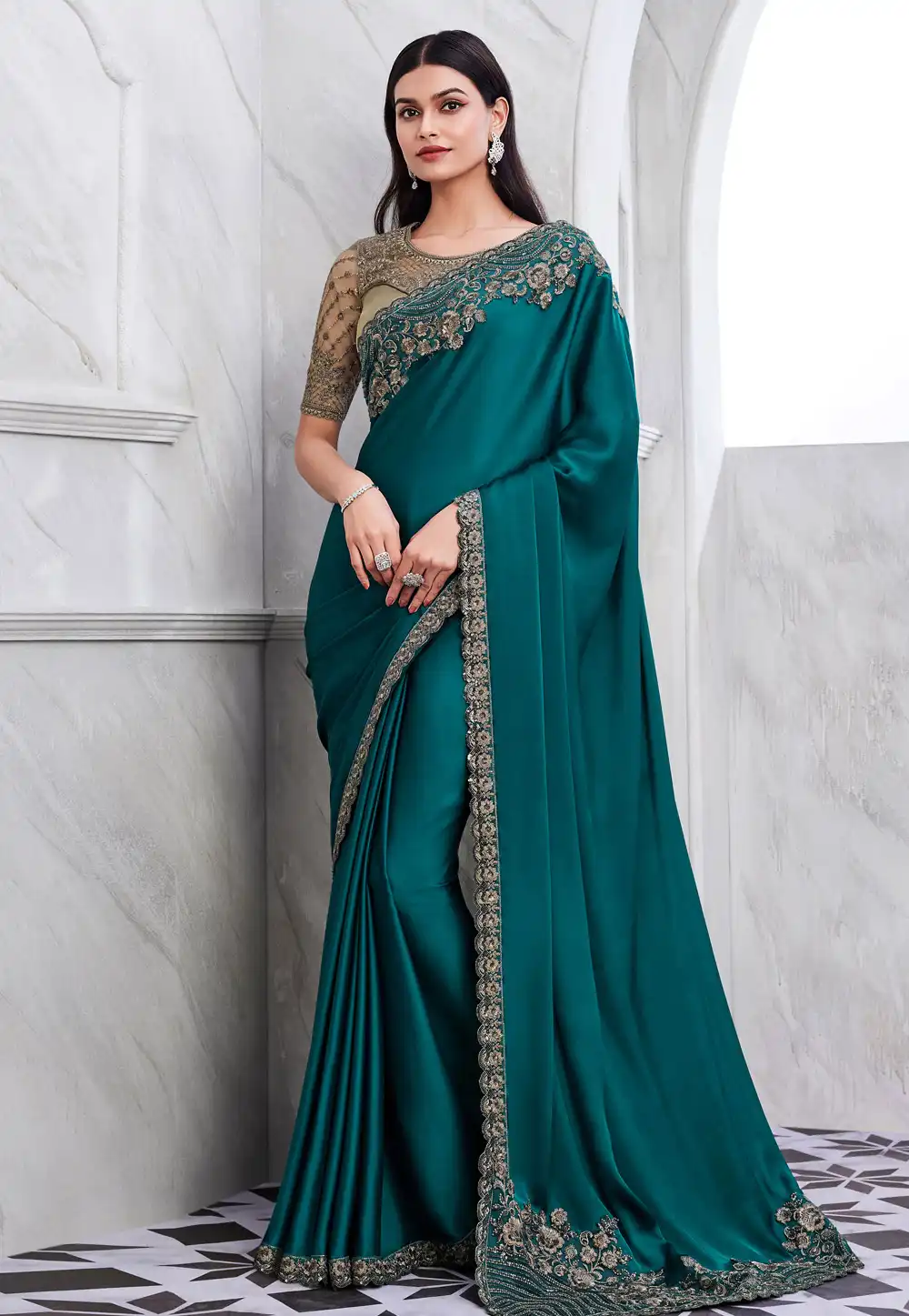 Teal Silk Saree With Blouse 292728