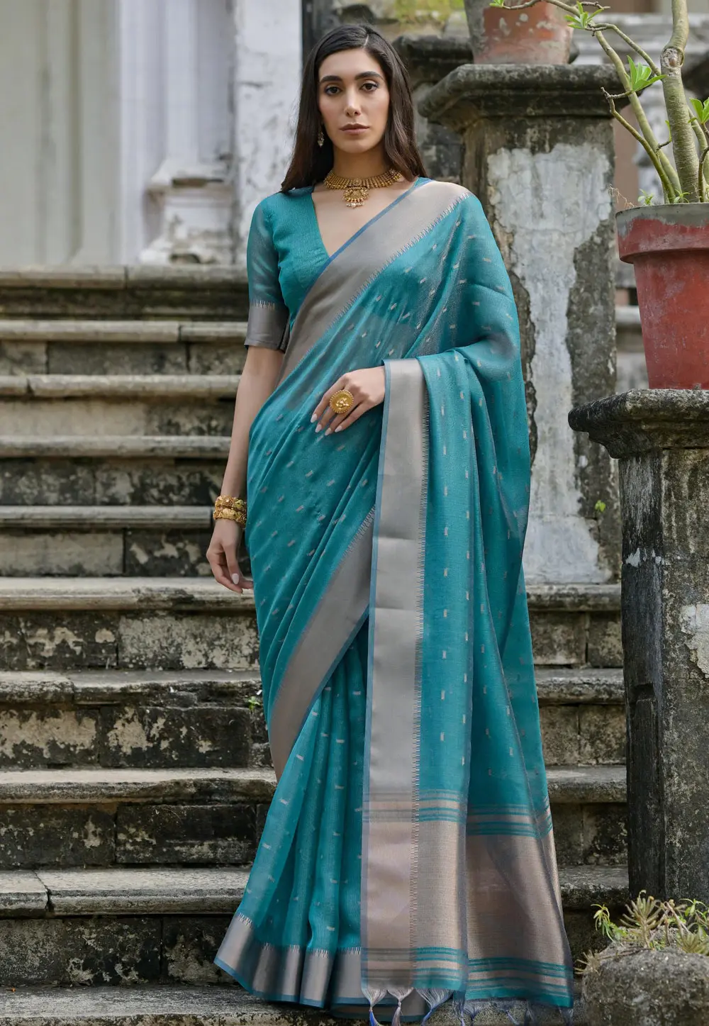 Teal Silk Saree With Blouse 304381