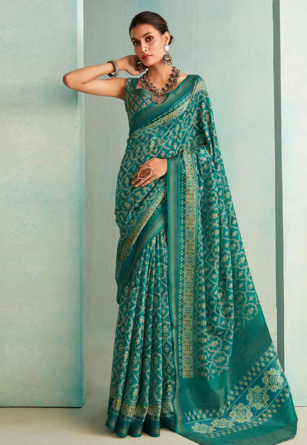 Teal Silk Saree With Blouse 296098