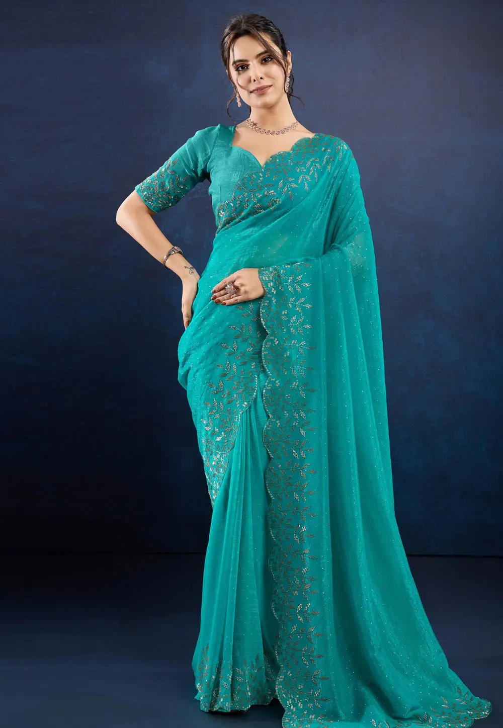 Teal Silk Saree With Blouse 302011