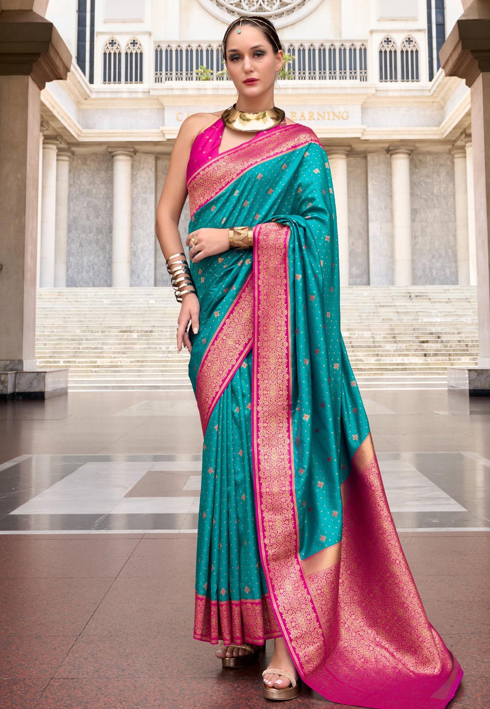 Teal Silk Saree With Blouse 309808