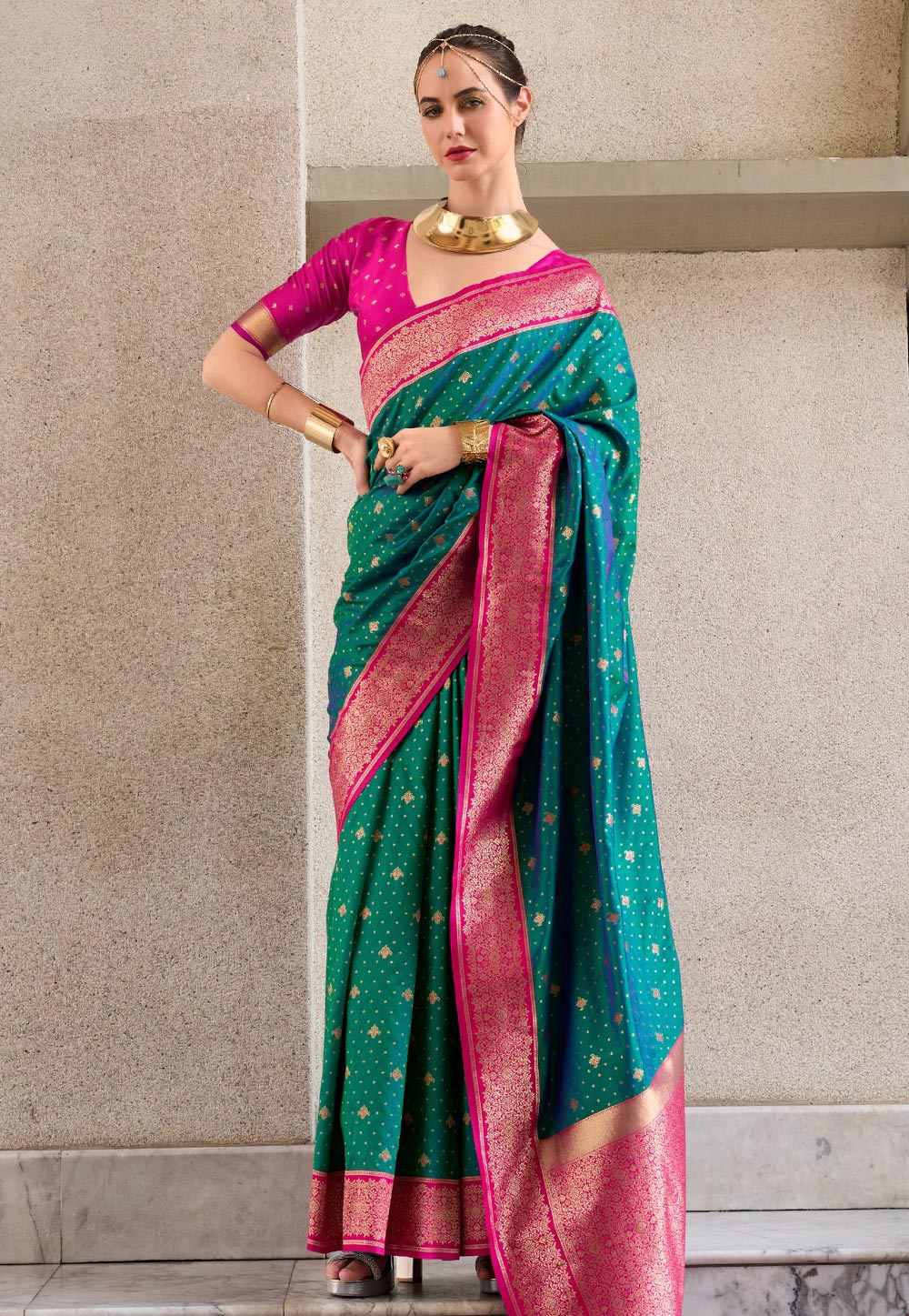 Teal Silk Saree With Blouse 309810