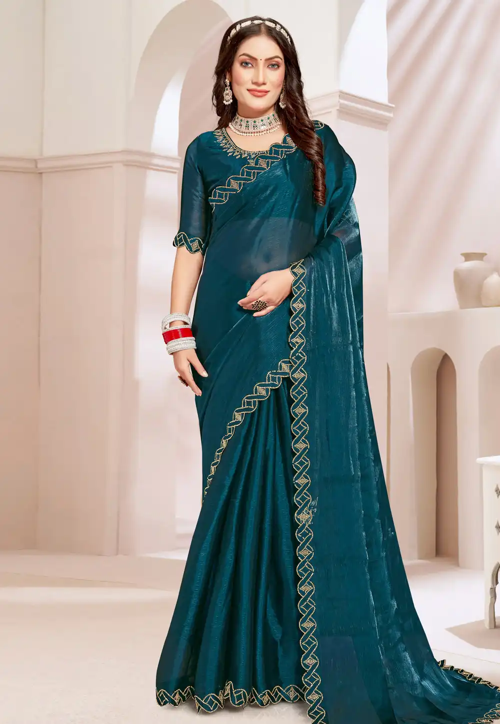 Teal Silk Saree With Blouse 293062