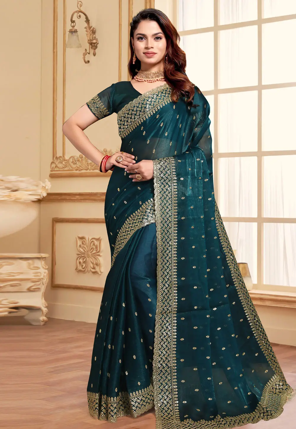 Teal Silk Saree With Blouse 295736