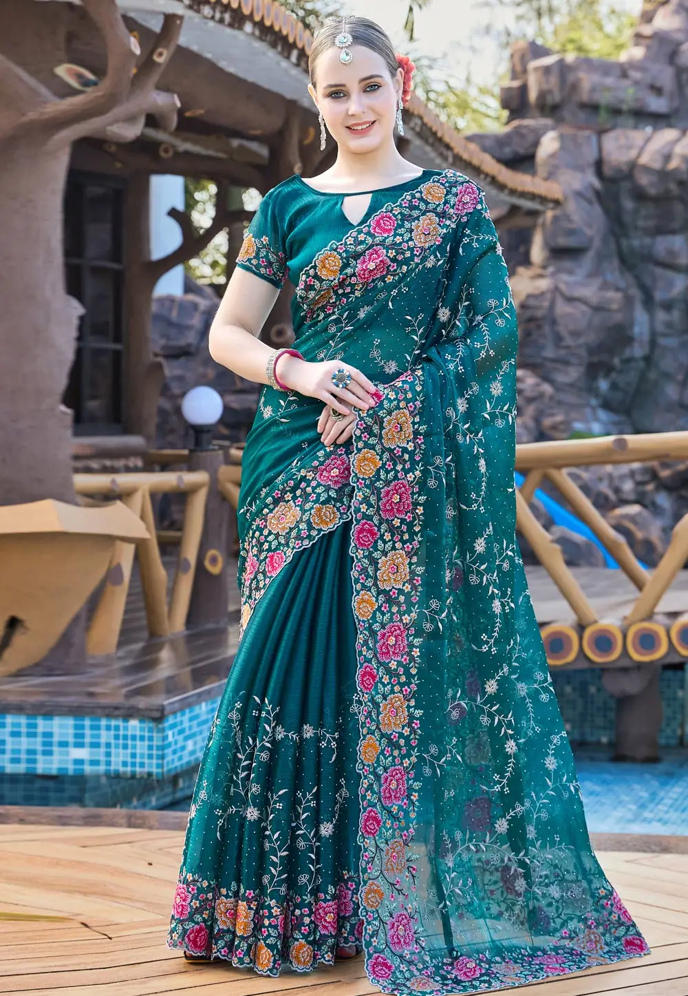 Teal Silk Saree With Blouse 297241