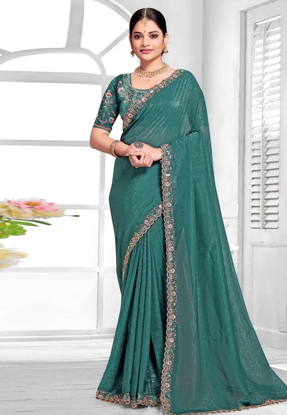 Teal Silk Saree With Blouse 303616