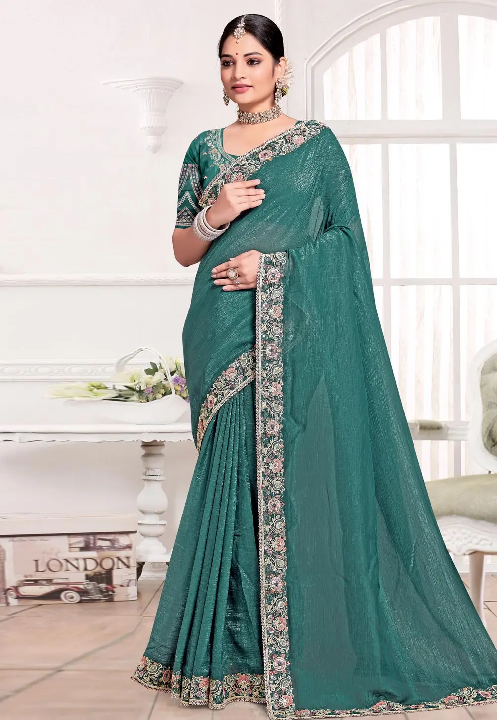 Teal Silk Saree With Blouse 303626