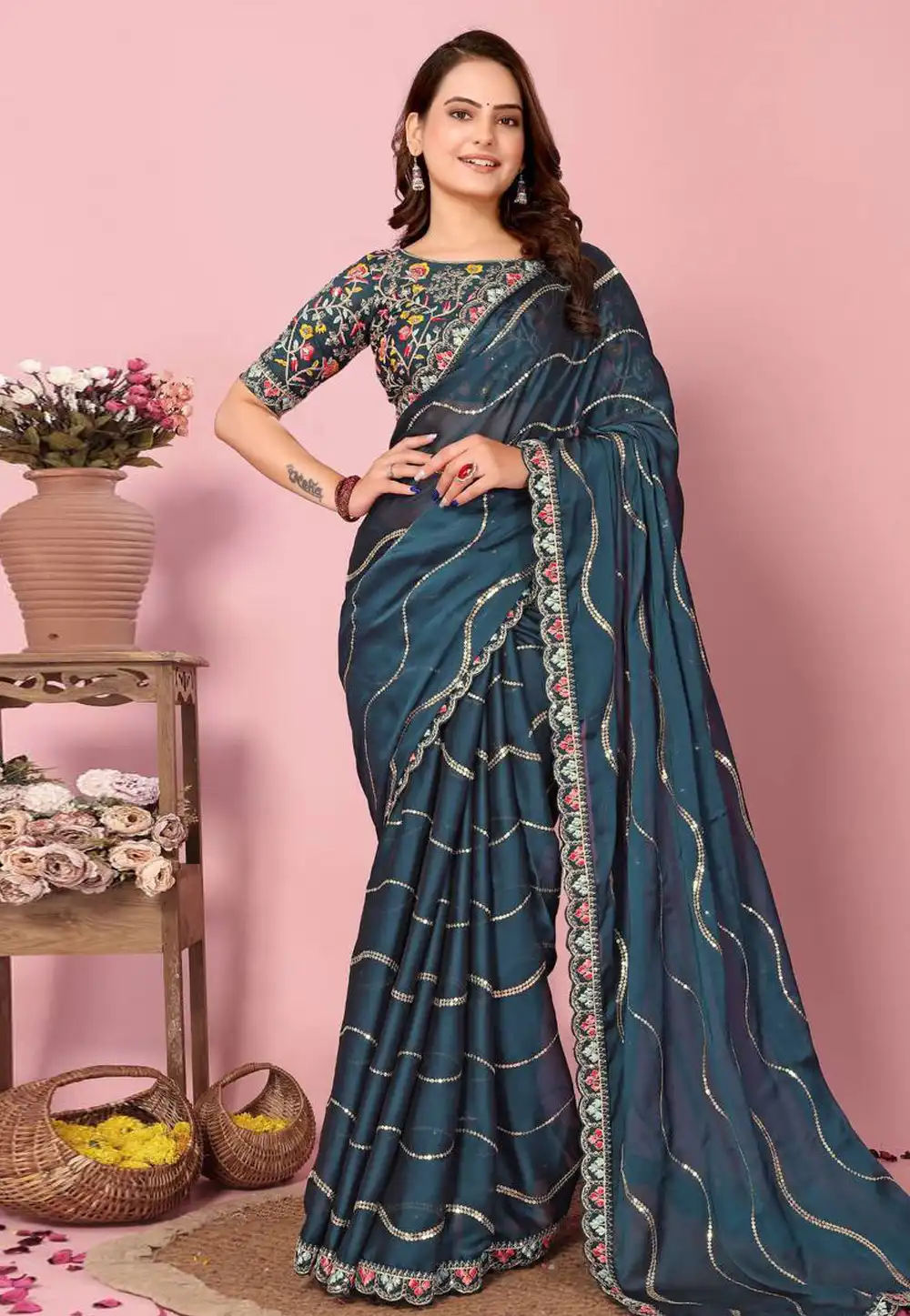 Teal Silk Saree With Blouse 288899