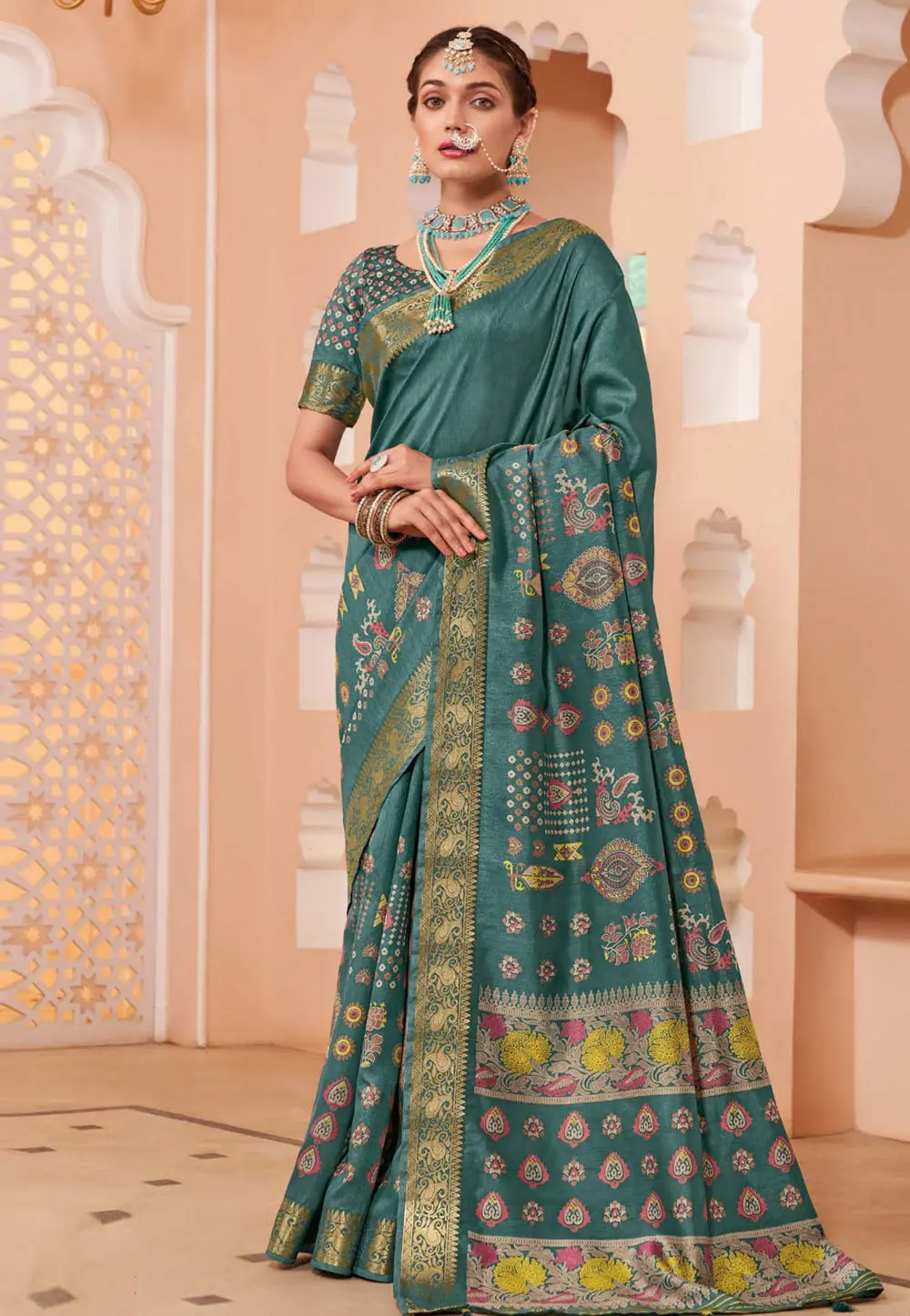 Teal Silk Saree With Blouse 302789