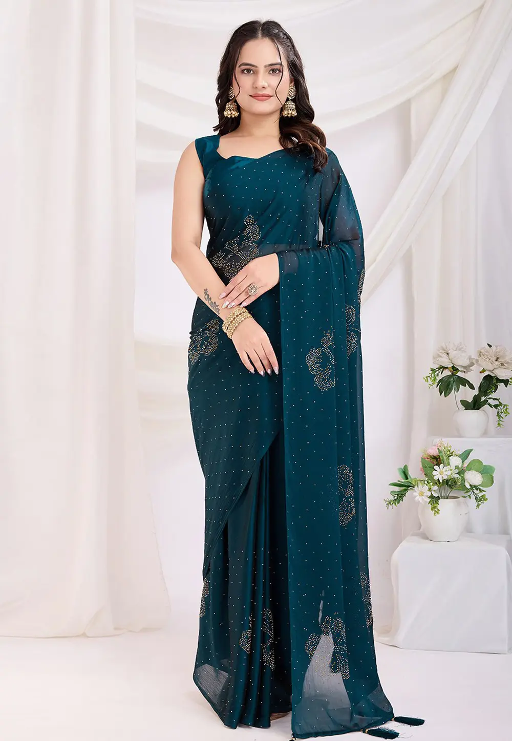 Teal Silk Saree With Blouse 303939