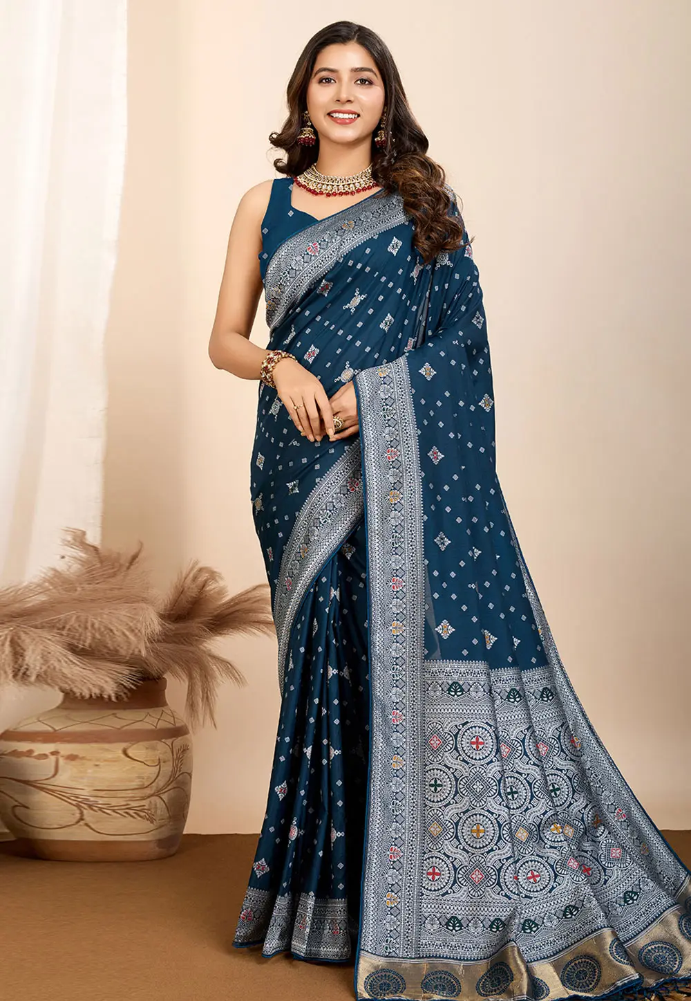 Teal Silk Saree With Blouse 304117