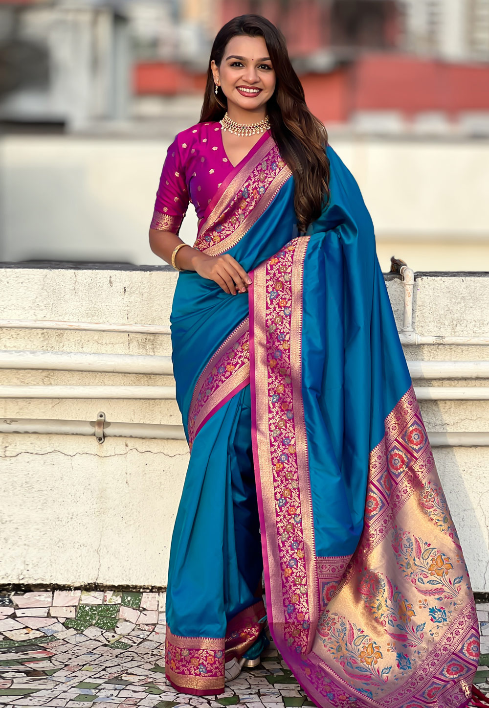 Teal Silk Saree With Blouse 310538