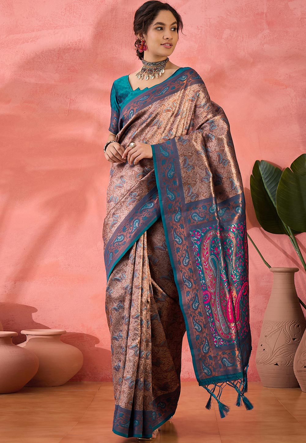 Teal Silk Saree With Blouse 310823