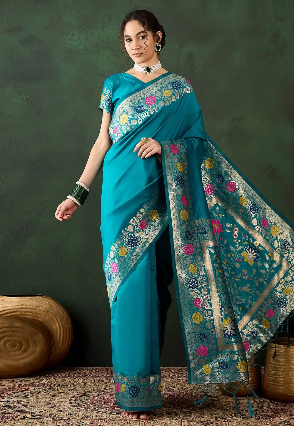 Teal Silk Saree With Blouse 294381