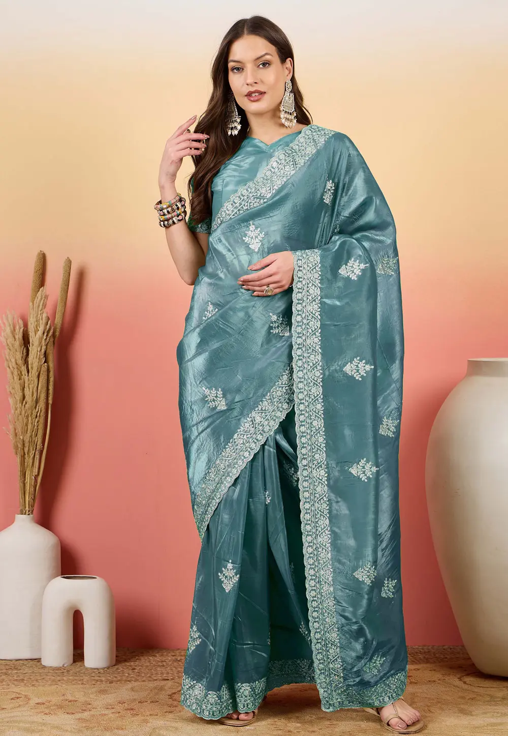 Teal Silk Saree With Blouse 304710