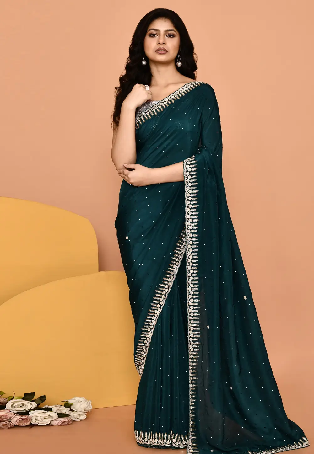 Teal Silk Saree With Blouse 296037