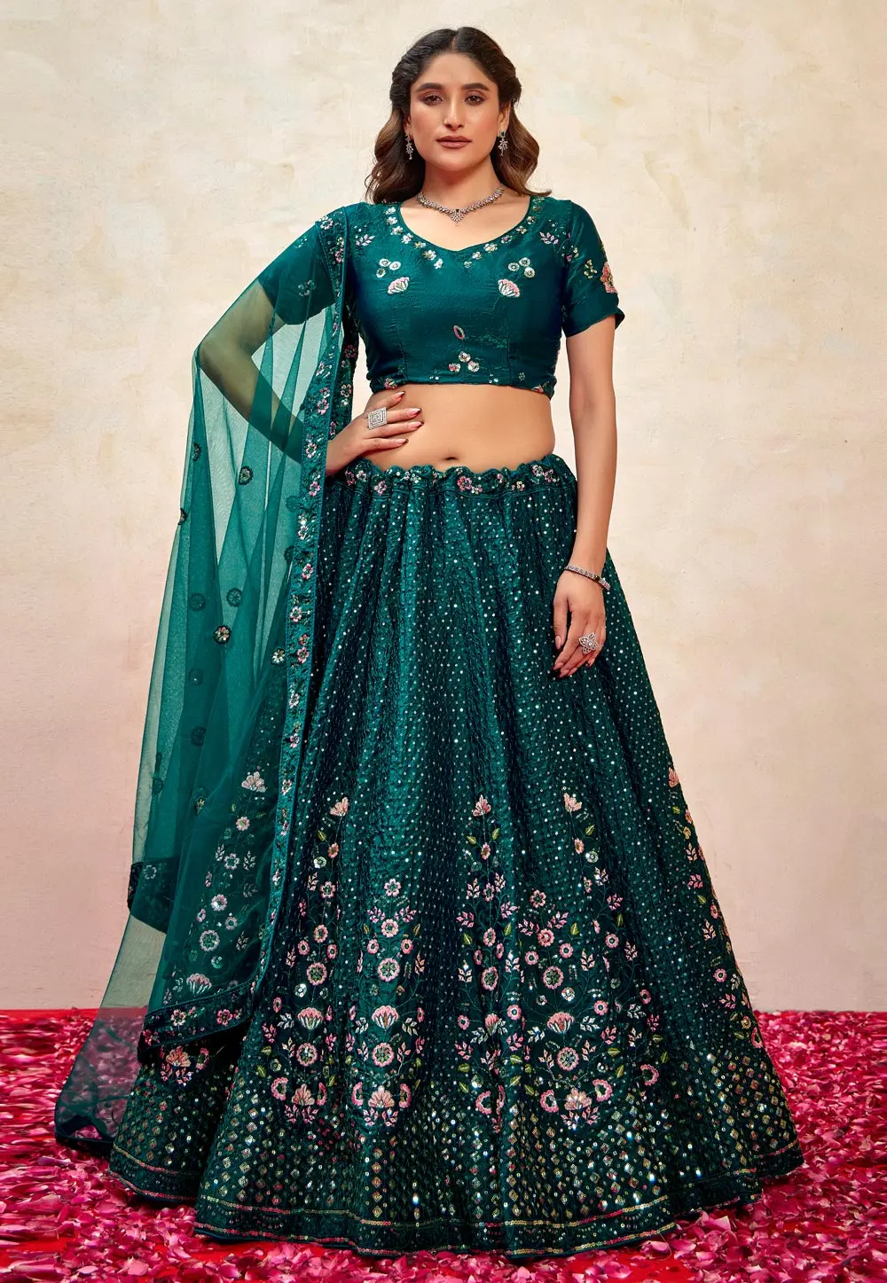 Teal Silk Wedding Lehenga Choli 302717