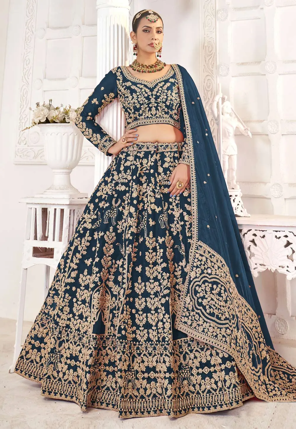 Teal Silk Wedding Lehenga Choli 304764