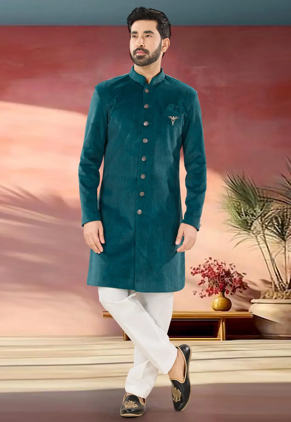 Teal Suede Indo Western Suit 301866