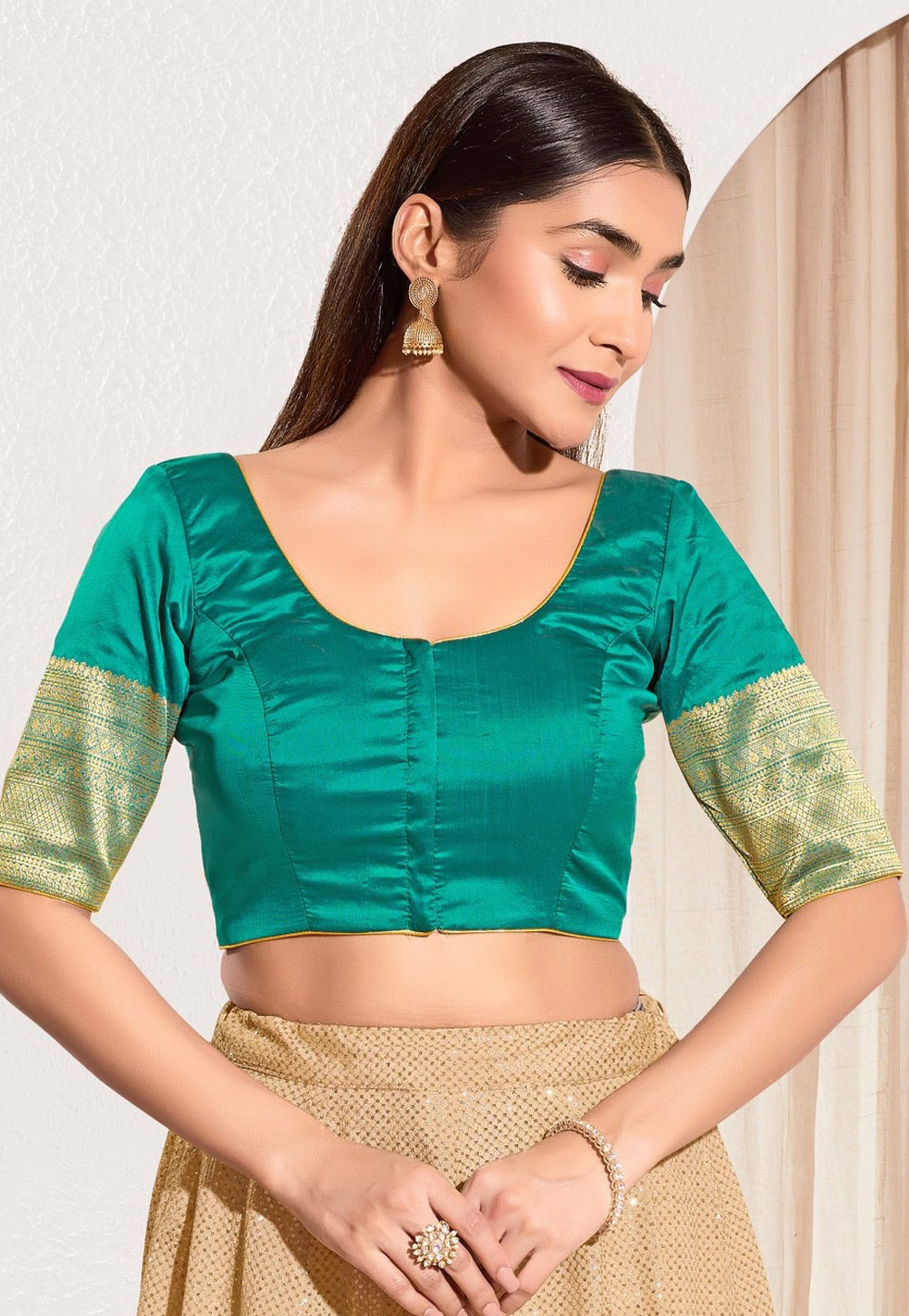 Teal Taffeta Readymade Blouse 310672