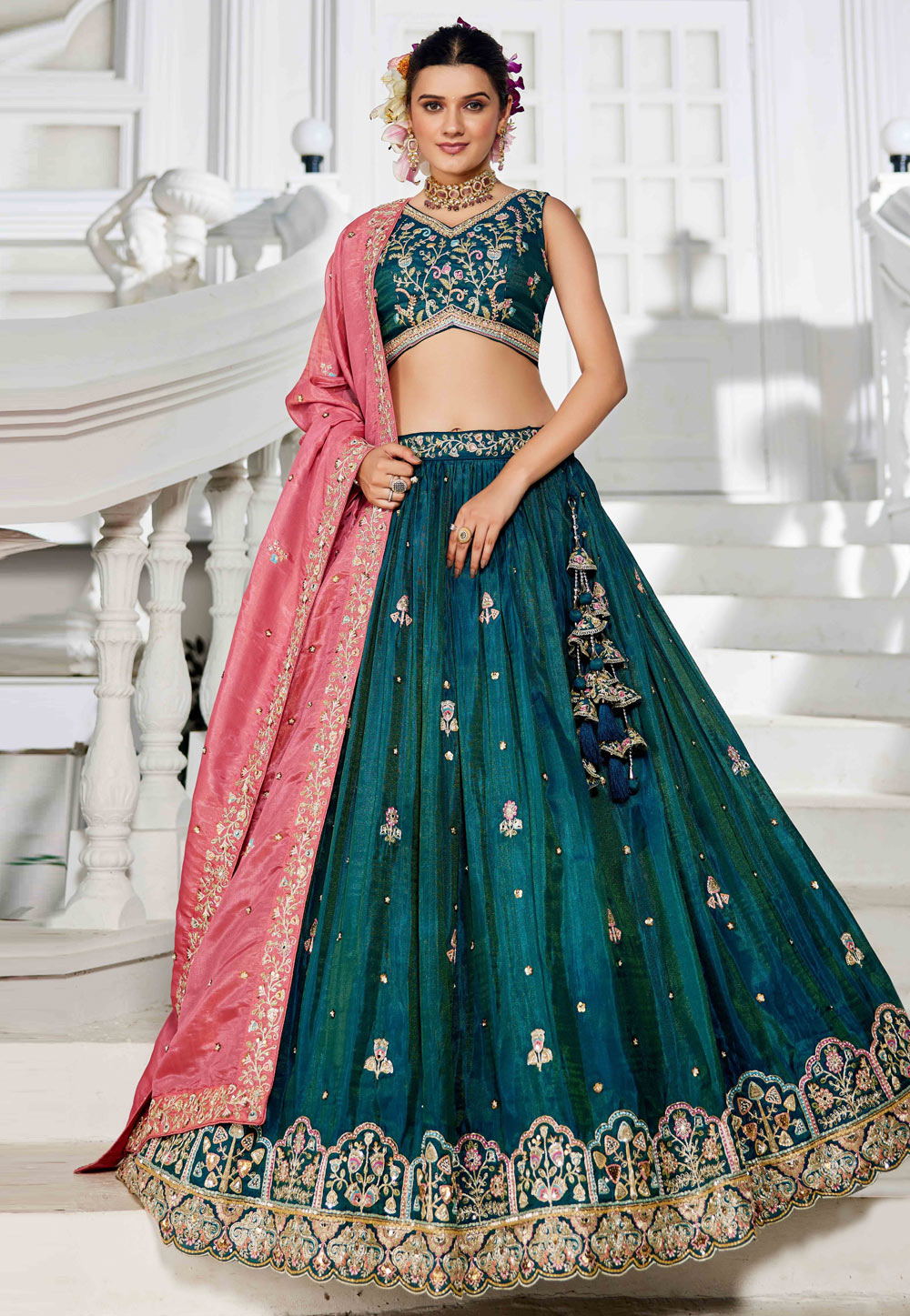 Teal Tissue Lehenga Choli 311149