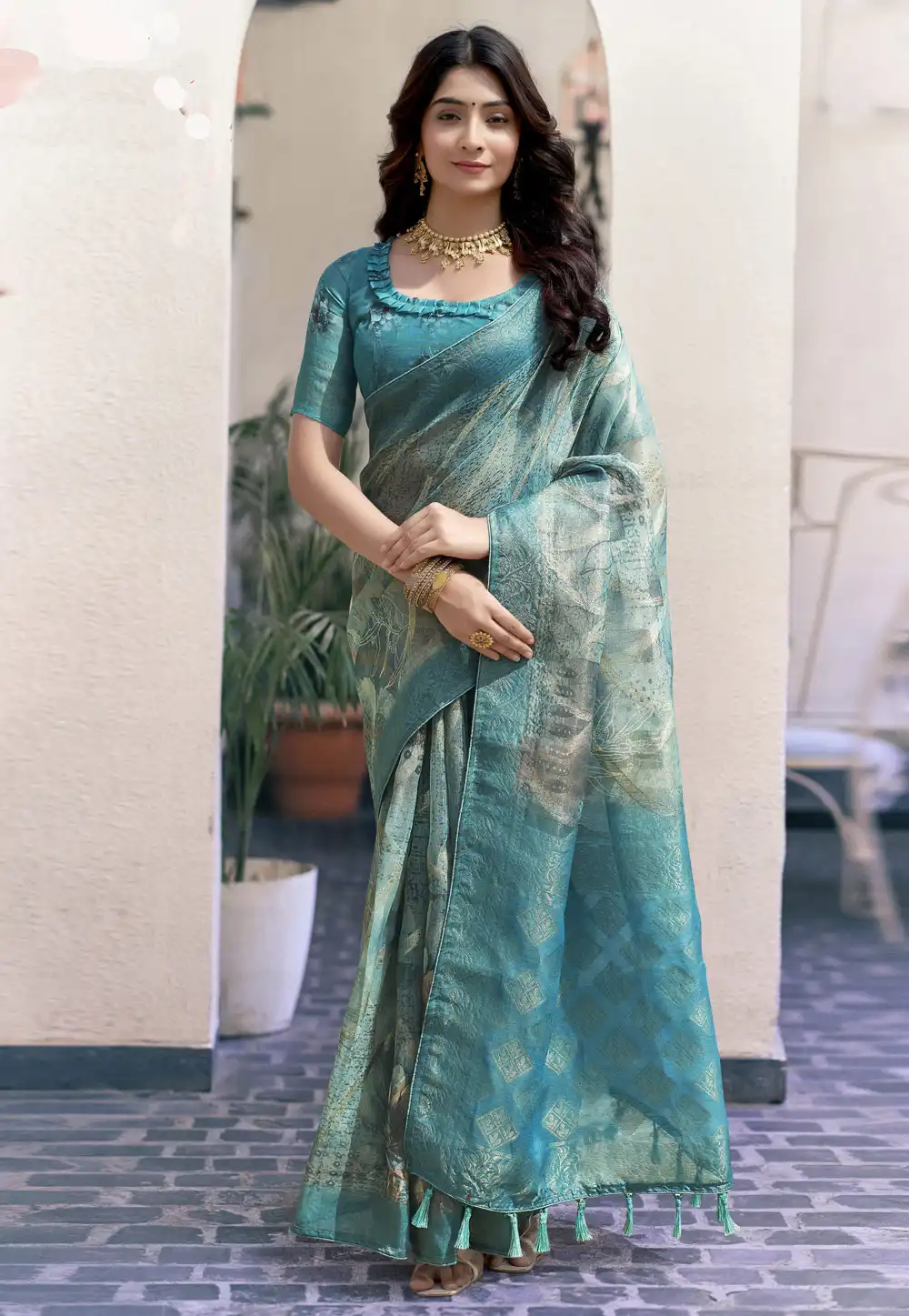 Teal Tissue Saree With Blouse 289102