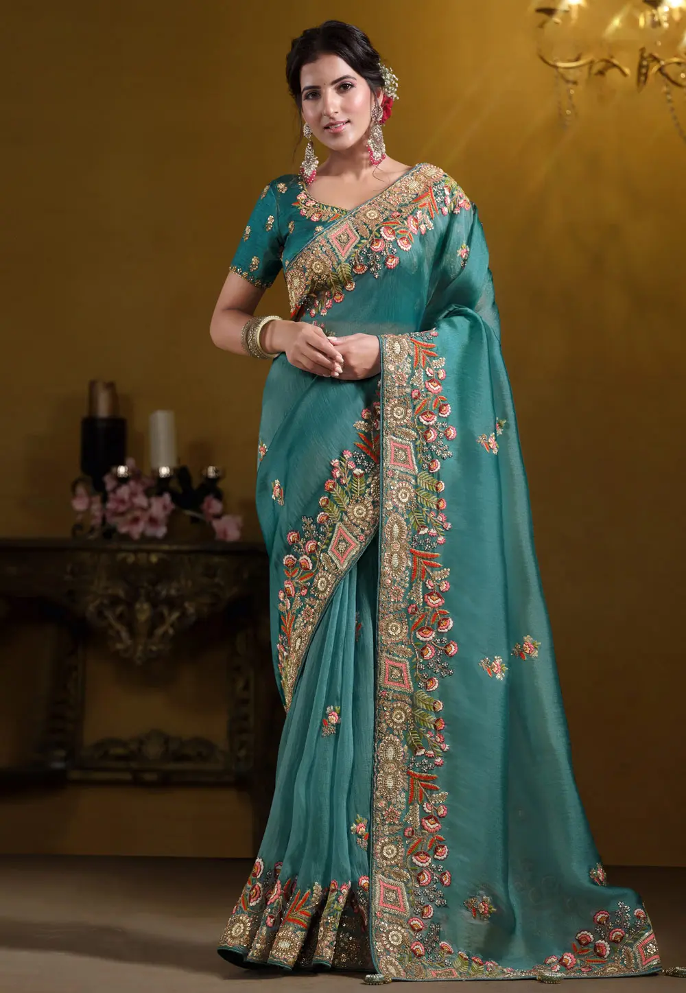 Teal Tissue Saree With Blouse 302020