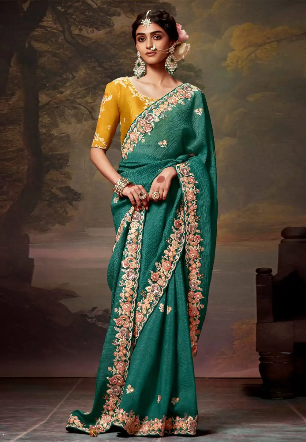 Teal Tissue Saree With Blouse 293629