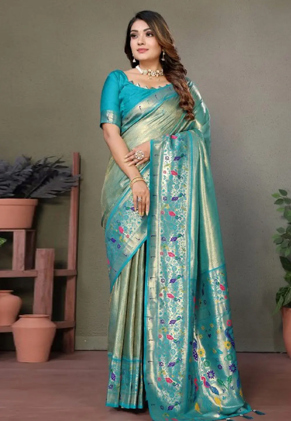 Teal Tissue Silk Paithani Saree 301998