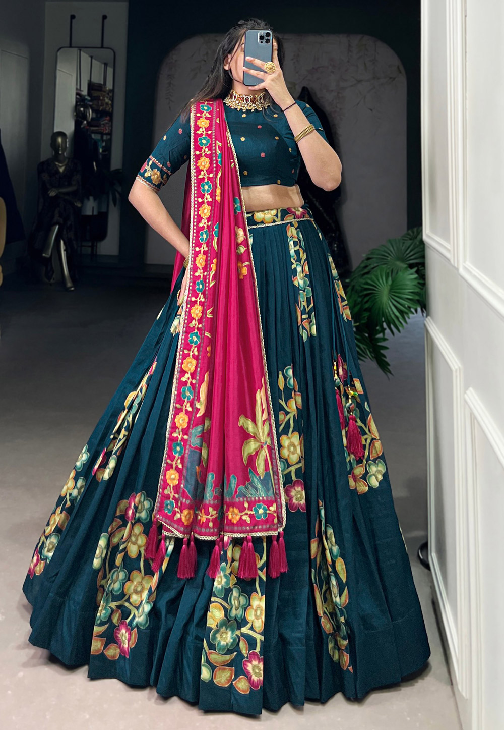 Teal Tussar Silk Floral print Lehenga choli 309714