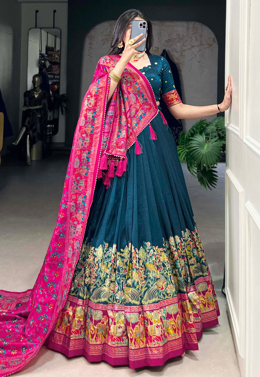 Teal Tussar Silk Lehenga Choli 309549