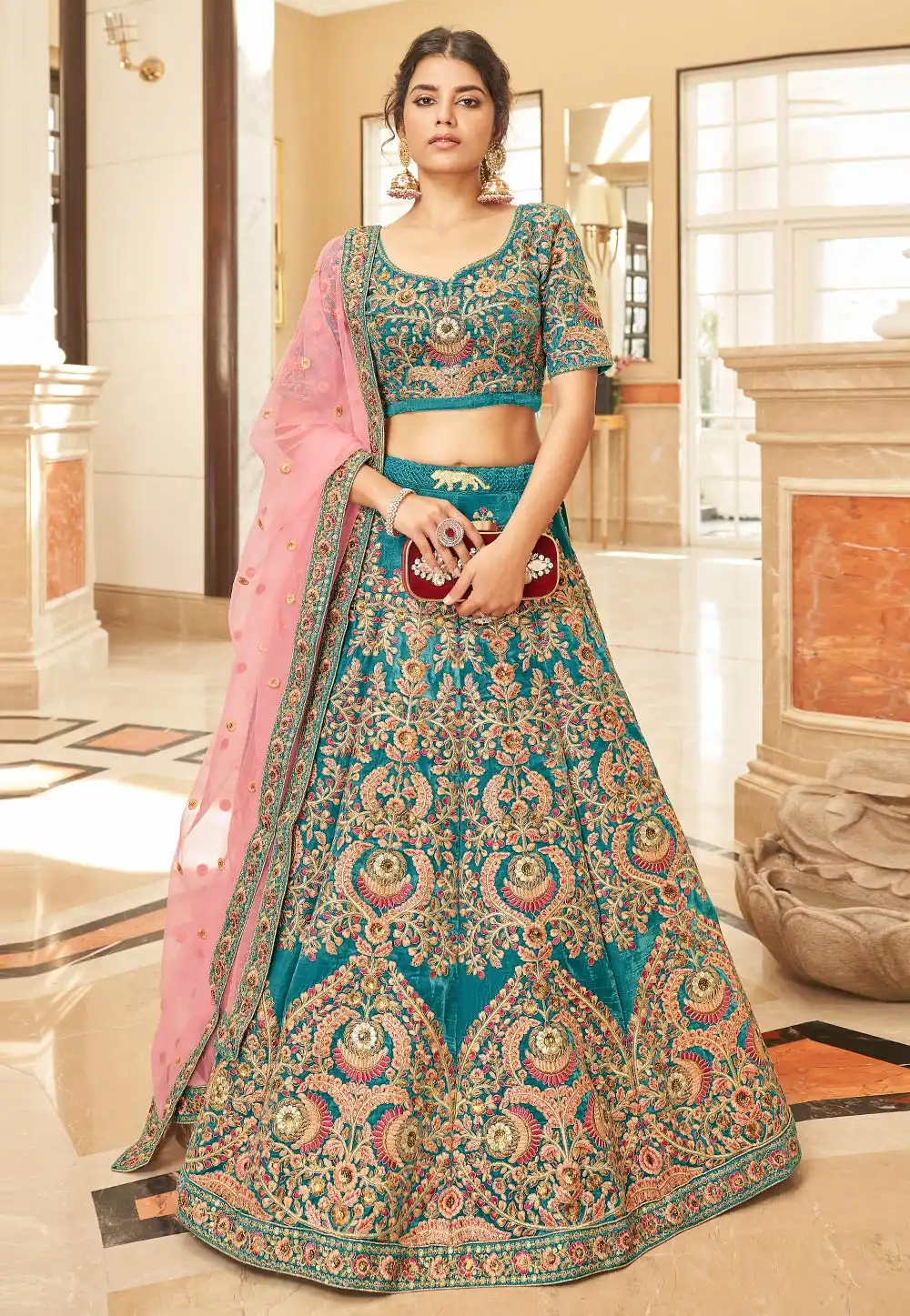 Teal Velvet A Line Lehenga Choli 293161