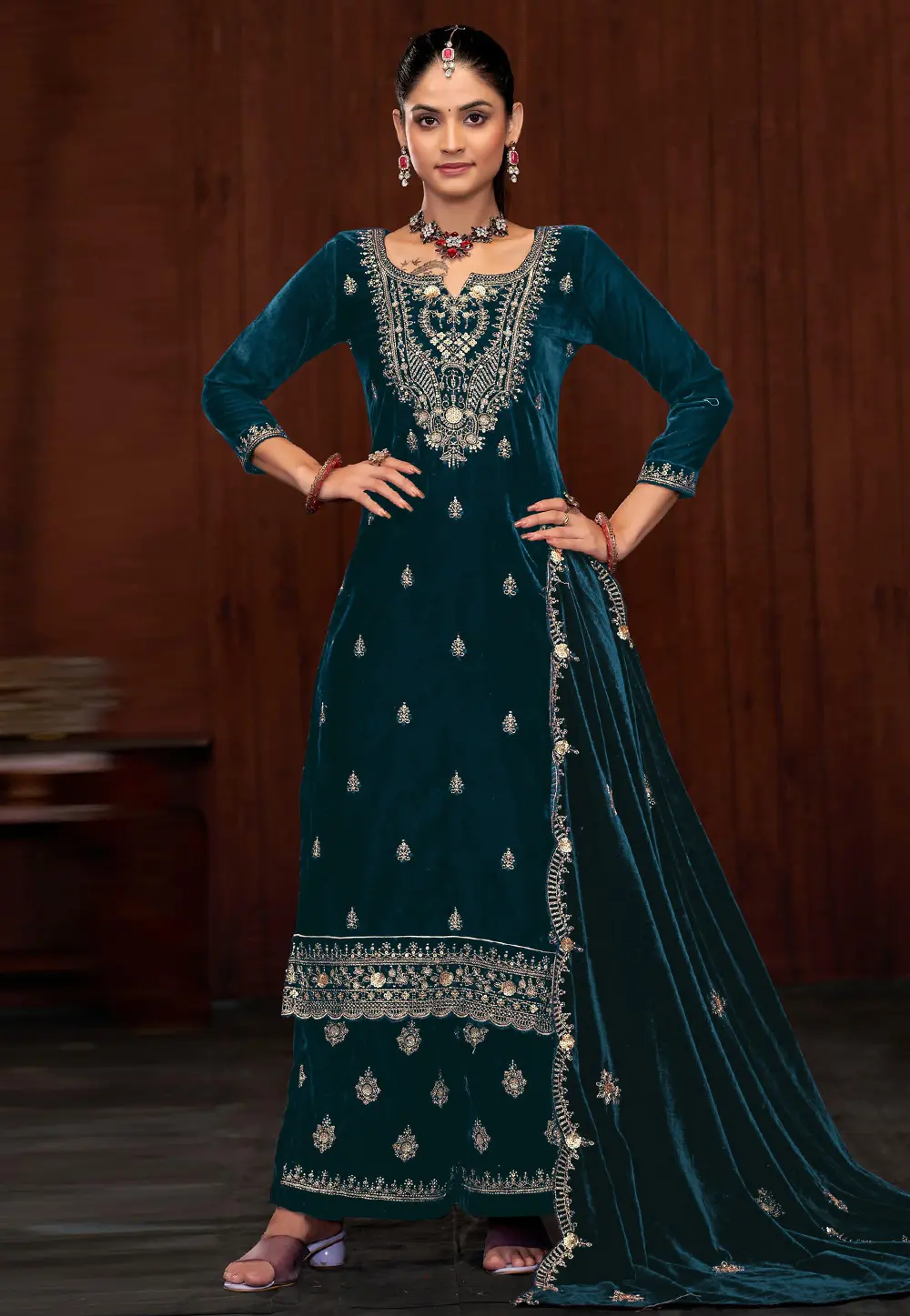 Teal Velvet Palazzo Suit 300880