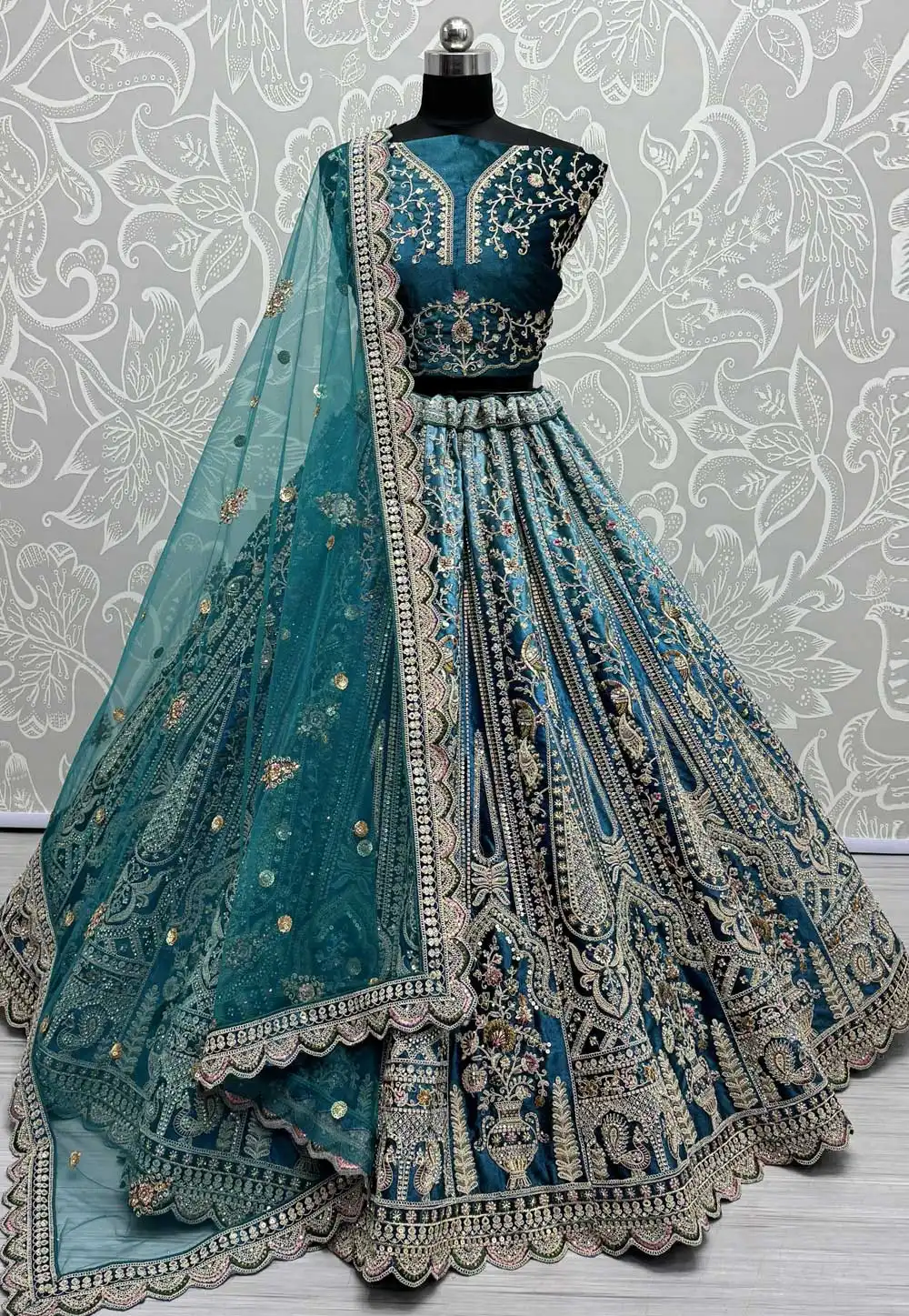 Teal Velvet Wedding Lehenga Choli 293701