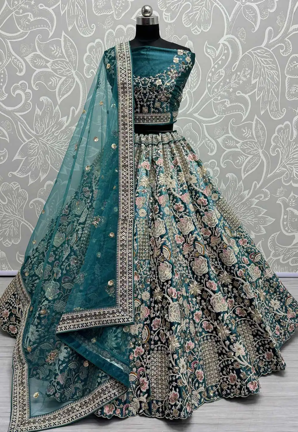 Teal Velvet Wedding Lehenga Choli 293704