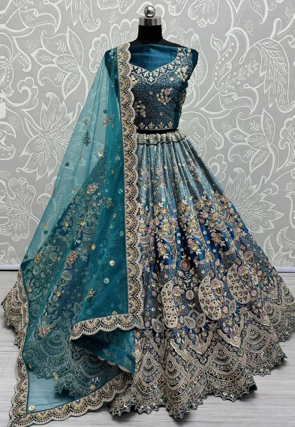 Teal Velvet Wedding Lehenga Choli 293708