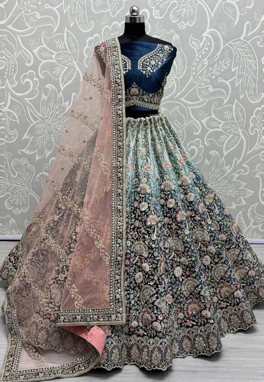 Teal Velvet Wedding Lehenga Choli 293715