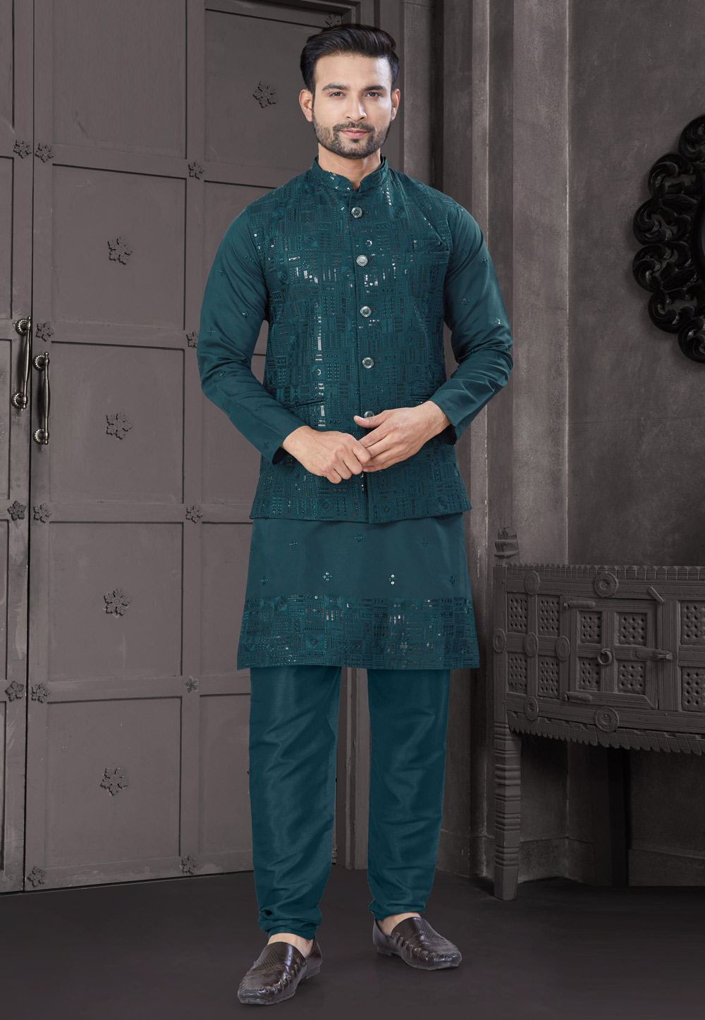 Teal Viscose Kurta Pajama With Jacket 304922