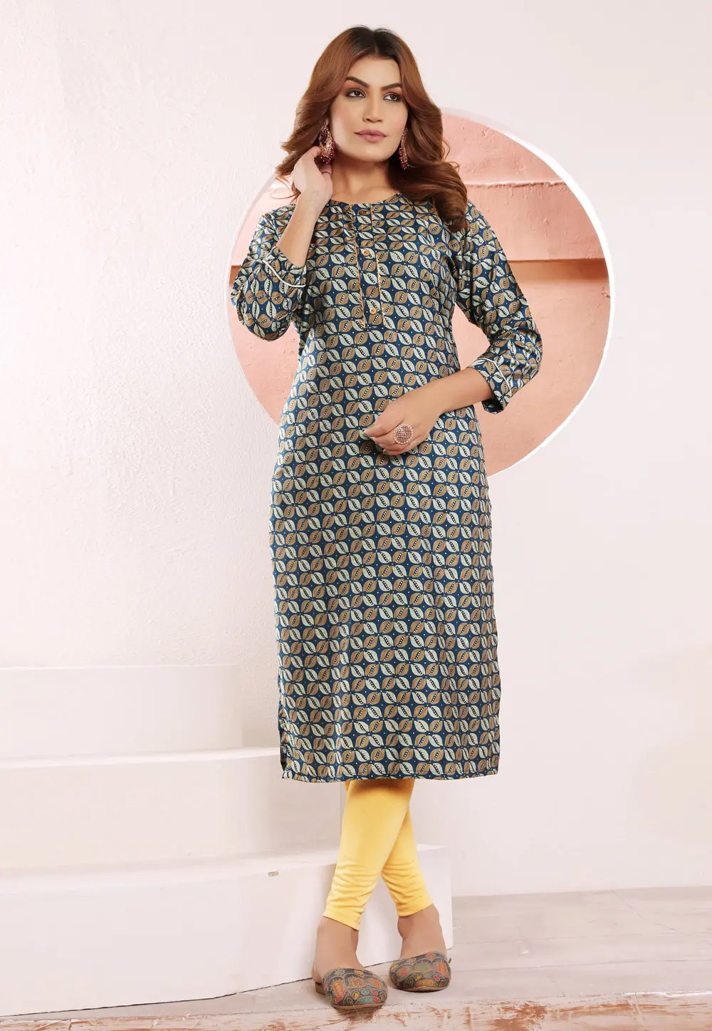 Teal Viscose Printed Long Kurti 299031