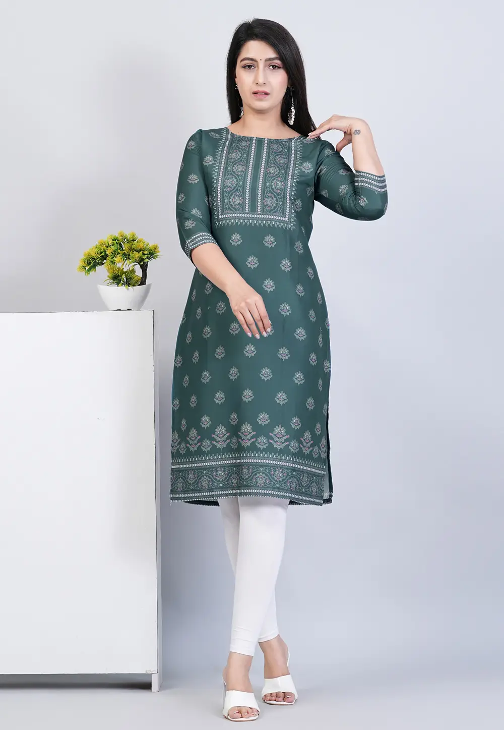 Teal Viscose Rayon Printed Kurti 296713