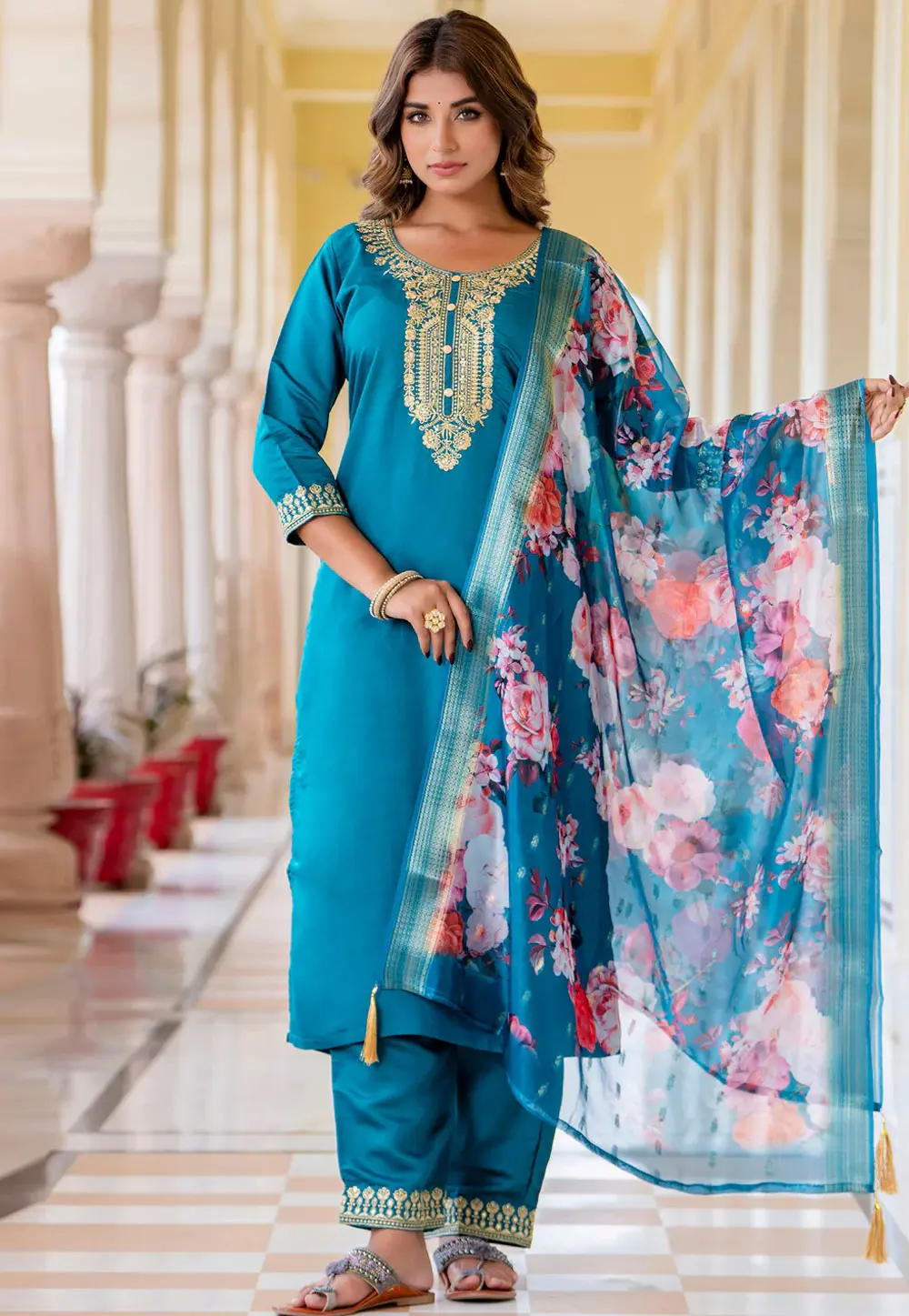 Teal Viscose Rayon Readymade Pakistani Suit 298189