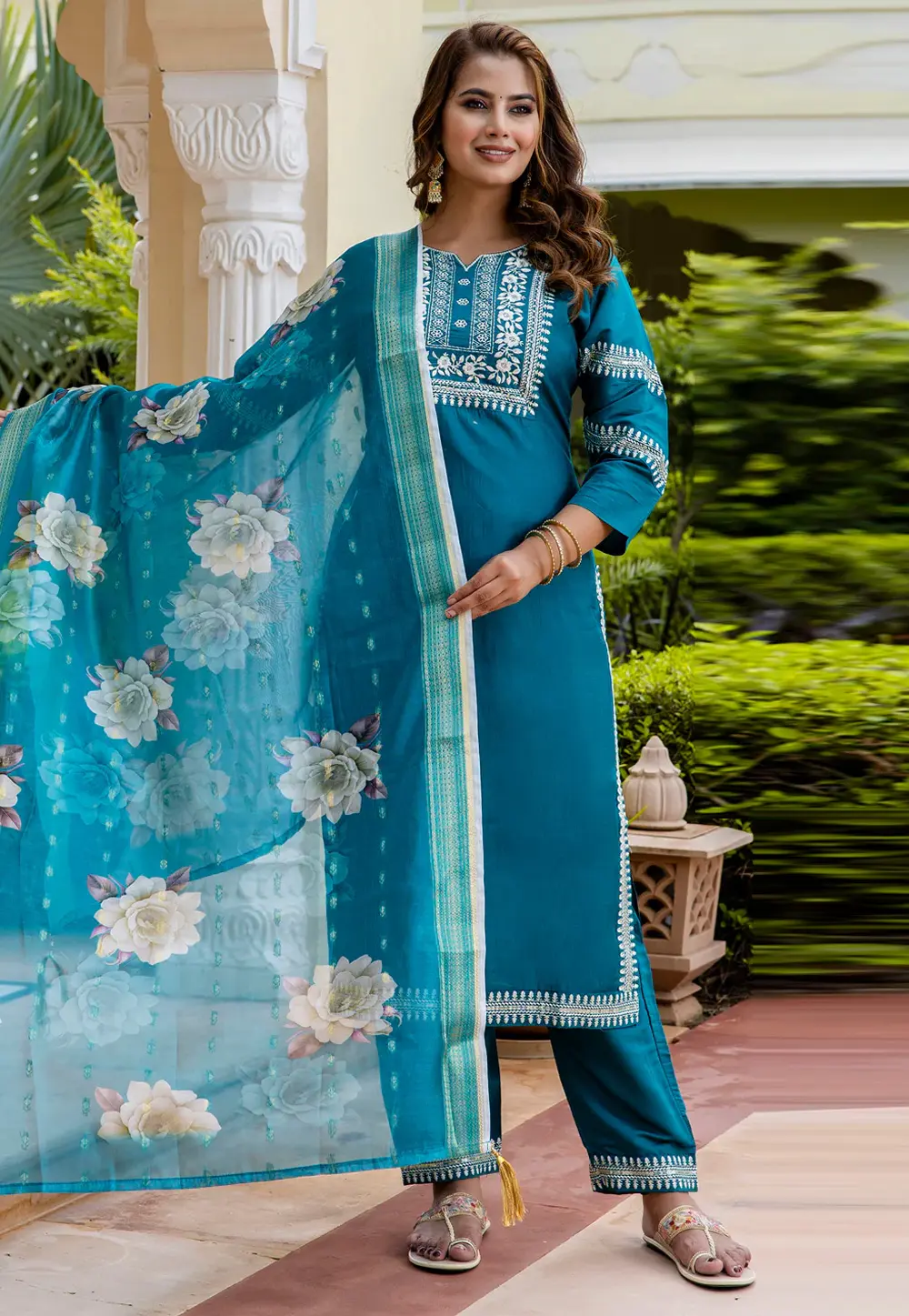 Teal Viscose Rayon Readymade Pant Style Suit 297547