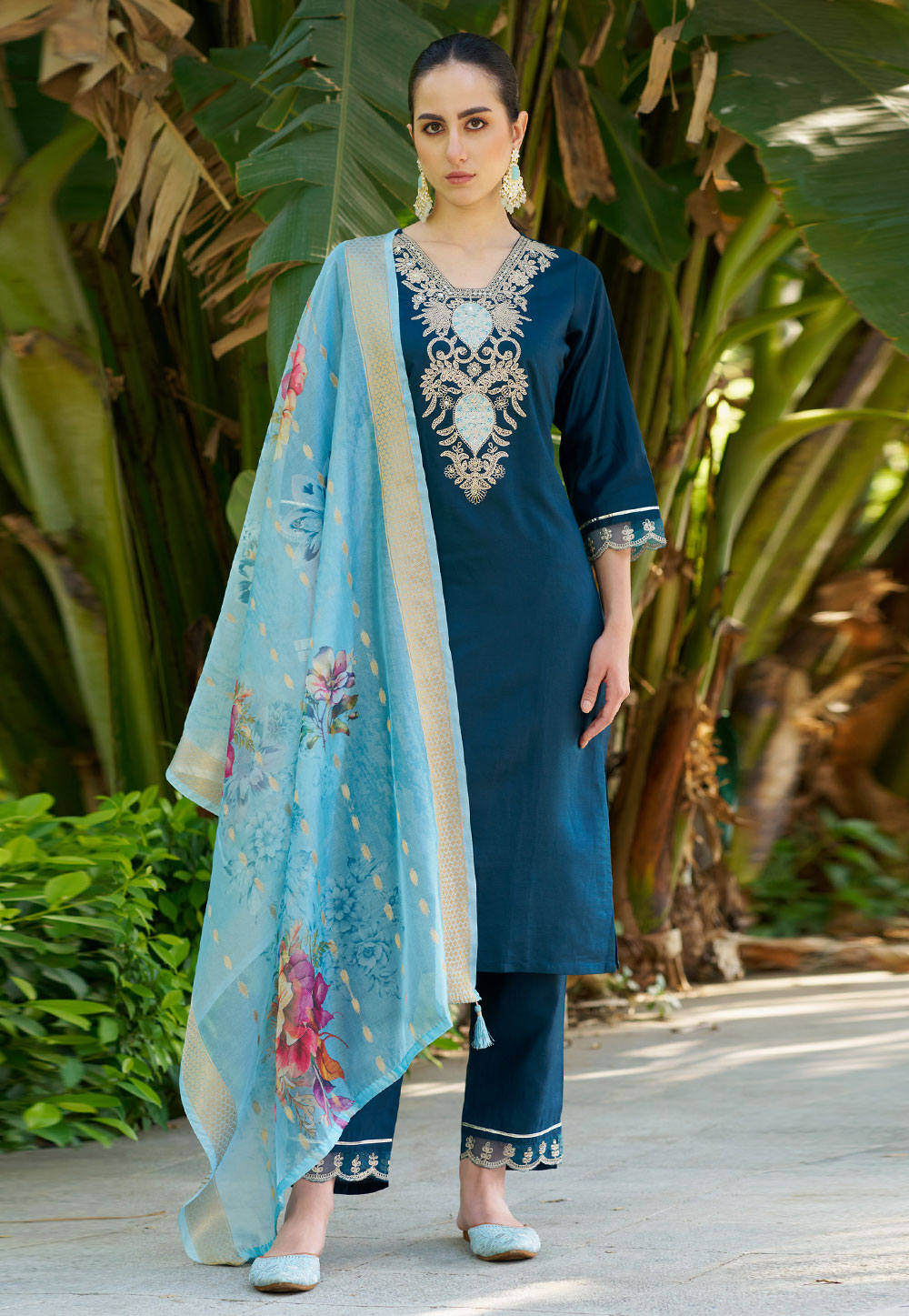Teal Viscose Rayon Readymade Pant Style Suit 308493