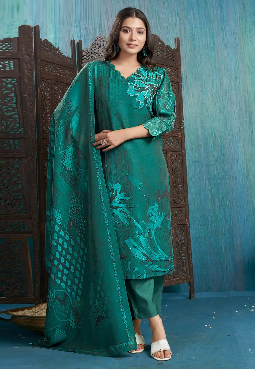 Teal Viscose Readymade Pakistani Suit 297763