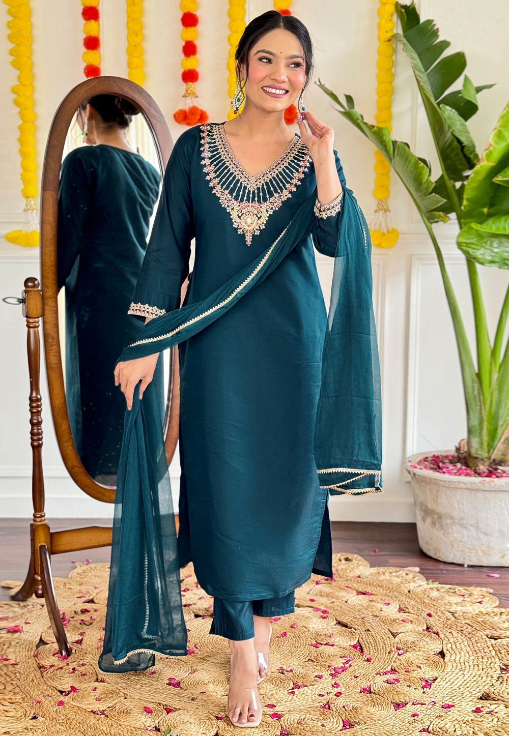 Teal Viscose Readymade Pakistani Suit 306158