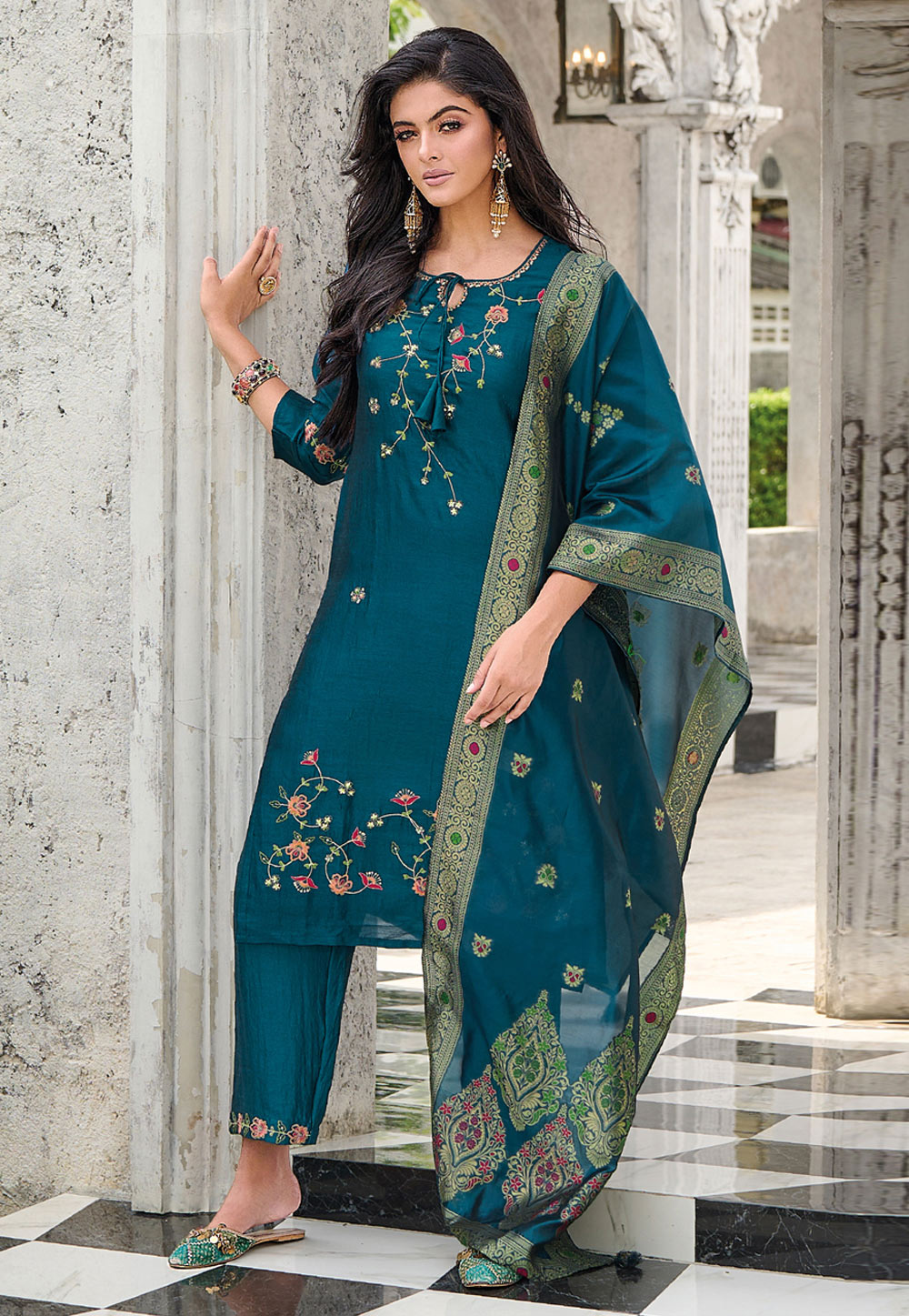 Teal Viscose Readymade Pakistani Suit 309489