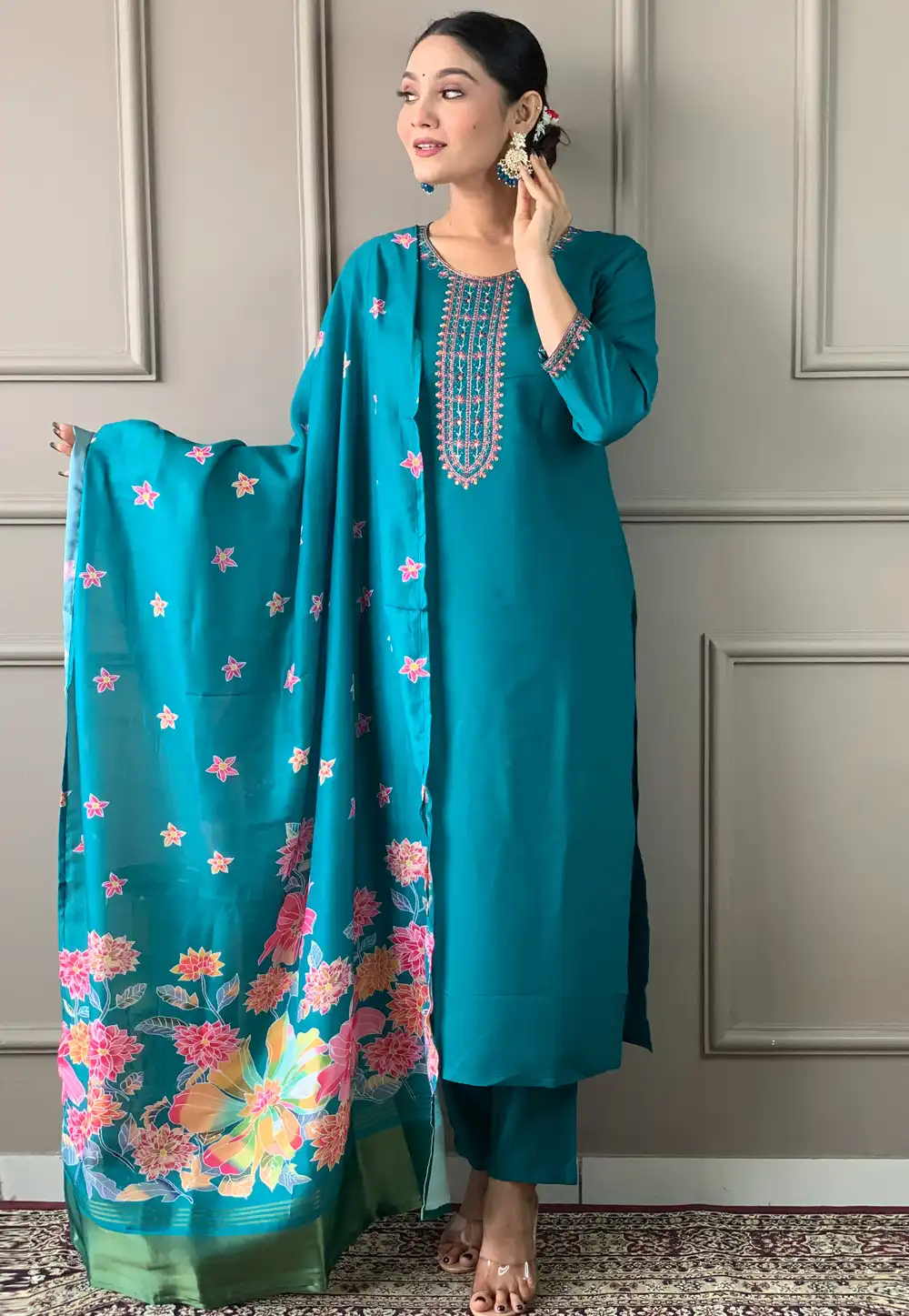 Teal Viscose Readymade Pant Style Suit 294477